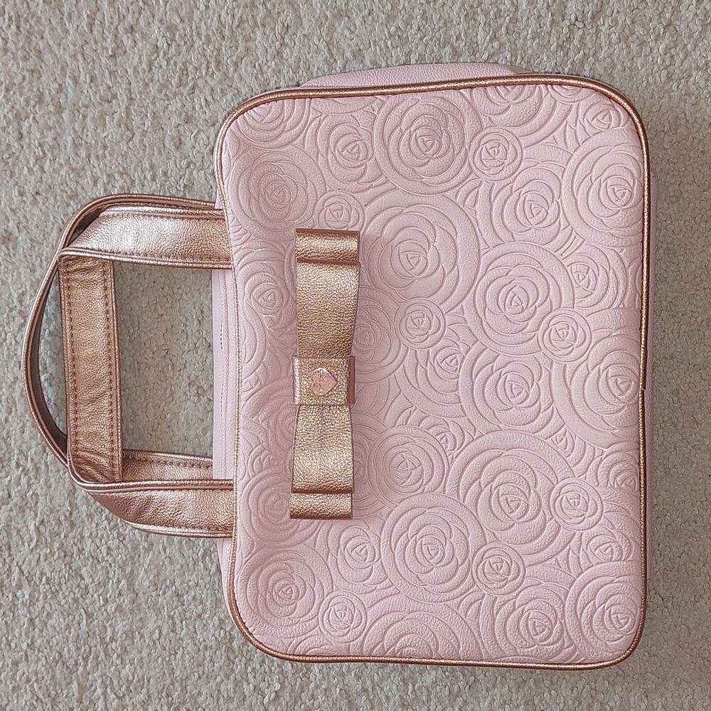 Betsey Johnson Pink Rose Gold Floral Bow Travel Cosmetic Bag